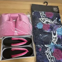 【新品・未使用】　紺系 浴衣　帯　下駄　3点セット