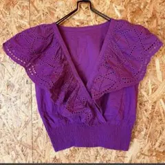 Ray BEAMS 刺繍　半袖トップス　 フリル付き紫色トップスのサムネイル