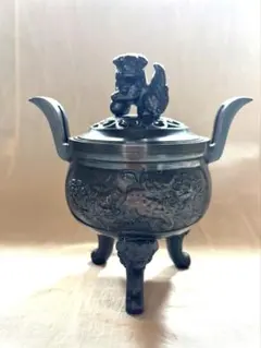 香炉　獅子蓋　間取牡丹獅子　三足香炉 高岡銅器 紙箱入　重さ約1.5㎏　博之作