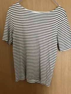オフショルダー 白黒パープルストライプ 半袖Tシャツ