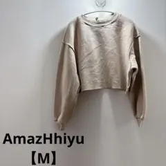AmazHhiyu【M】ベージュ クルーネック トレーナー　ショート丈　裏起毛