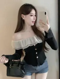 SHEIN オフショルダー フリルニット ブラック