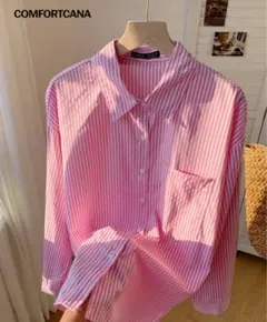 COMFORTCANA ピンクストライプ長袖シャツ