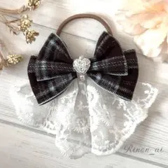 キッズ リボン ヘアゴム ＊ ポニーテール チェック水色