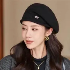 ベレー帽 ニット帽　ロゴ 防寒 保温 レディース 可愛い　秋 冬 上品 韓国 黒