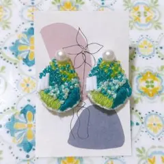 刺繍イヤリング 雫型 グリーン ハンドメイド