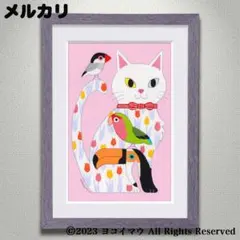 原画「白猫 と小鳥の アート」猫/鳥/インコ/文鳥/イラスト/絵画/アクリル画