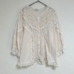元町ブラウス レース ピンタック コットンブラウス L ピンク系