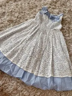 美品　メゾピアノ　ワンピース　140cm リボン　チェック　水色　発表会　ドレス