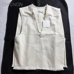 新品✨CHIGNON/フリンジVネックデニムベスト/重ね着/無地/ゆったり/F