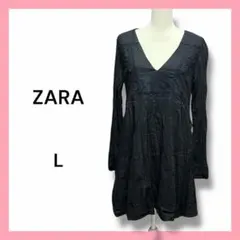 ZARA　ザラ　黒　チュニック　ワンピース　長袖　刺繍　花模様　Vネック
