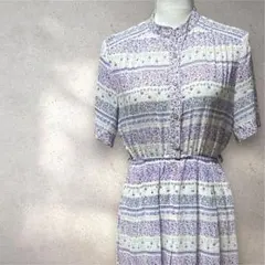 【訳あり】ヴィンテージ　花柄 ワンピース　パープル　小花柄　ボーダー　昭和レトロ