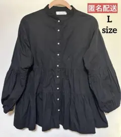 パールボタン 黒ペプラムトップス(Lサイズ)