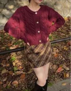 GRL ケーブルニットショート丈カーディガン【an1632】赤 F