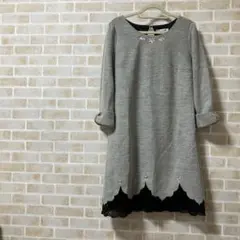 グレー ビジュー ワンピース チュニック 七分袖 トップス レース Ꮇ 春