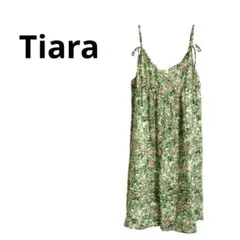 【Tiara】ティアラ 花柄ミニ丈キャミワンピース グリーン 裏地付き リボン