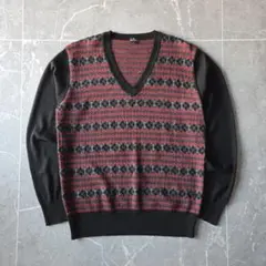 Paul Smith ウールVネックニット L 幾何学ボーダー 黒×赤