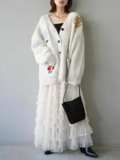 レディースニットカーディガンレーススカート２点セット