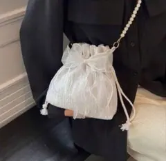 バケットバッグ 浴衣 ホワイト リボン 蝶々 かご 巾着 夏祭り 結婚式 成人式のサムネイル
