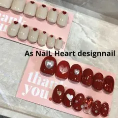 完成品 ネイルチップ ハートデザイン オフホワイト 赤ネイル ハートパーツ