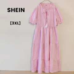 SHEIN　ロングワンピース　フリル襟袖　マキシ丈　ストライプ　ピンク　3XL