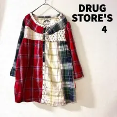 DRUG STORE'S チェック柄 パッチワーク ノーカラーシャツ 4 7分袖