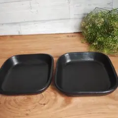 益子焼黒釉 角グラタン皿 14㌢✕高さ約3cm2枚セット 陶器 中古ひびかけ無のサムネイル