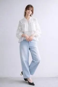 新品 ライトブルー ハイウエスト ワイドレッグデニムM