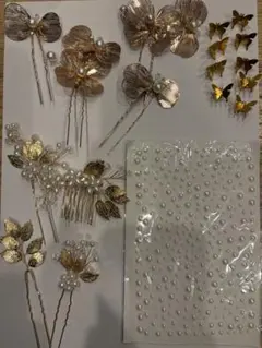 〈4種セット〉ゴールド　花・蝶・パール　ヘアアクセサリーセット