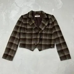 【東京ソワール】JJソワール 茶系チェック ダブルブレスト テーラードジャケット
