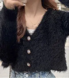 GRL ショート丈パールボタンシャギーニットカーディガン