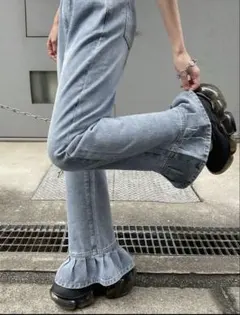 裾フリル フレアデニムパンツ ライトブルー SHEIN FRIFUL