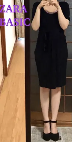 限定SALE！★上品★ZARA ザラベーシック　ブラック　膝丈　膝下丈ワンピース