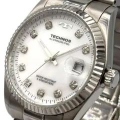 美品 稼働 TECHNOS T9455 10Pストーン デイト 腕時計 テクノス