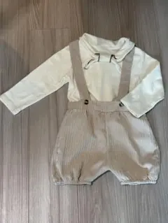 柔らかコーデュロイのサスペンダー付きパンツと長袖シャツセット　韓国子供服