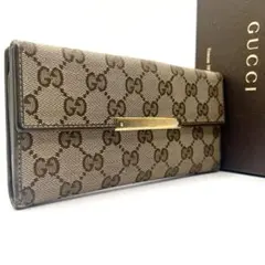 GUCCI グッチ GGキャンバス アイボリー レザー ロゴプレート 長財布