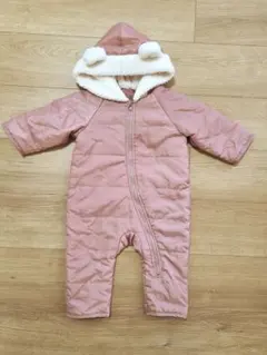 くすみピンク クマ耳フード付き ジャンプスーツ ベビーアウター 50~70cm