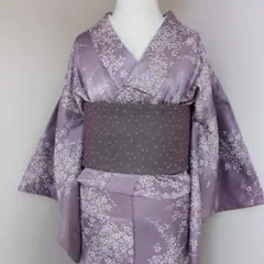 【三花】美品　洗える着物　袷　紫　桜　アンティーク着物　リユース