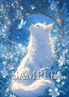 白猫とヨーロッパ街並み デジタルアート 風景画 猫 インテリア