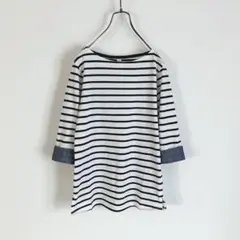 新品☆袖口シャンブレー七分袖ボーダーカットソー白×ネイビー　ボートネック