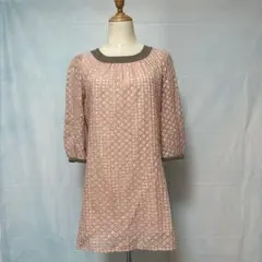 【Anatelier】膝丈ワンピース【F】ピンク　レース　薄手　7分袖　襟カーキ