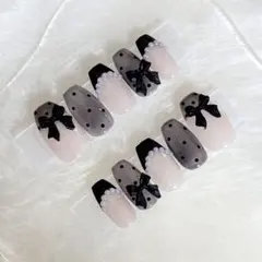 甘辛ブラックネイル♡リボン ドット 韓国 スナ系 ガーリー 量産型 フレンチ