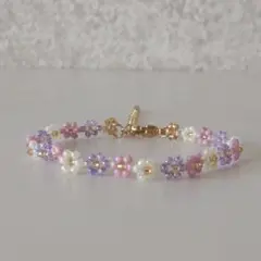 ビーズブレスレット 花 パープル×イエロー×ピンク×ゴールド フラワー 紫 黄色