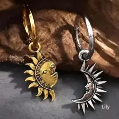 男女兼用✨ カップル 非対称 太陽 月 ヴィンテージ ピアス シルバー ゴールド