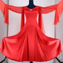 【美品 社交ダンス衣装】レッド ワンピース ドレス ラインストーン レース 袖