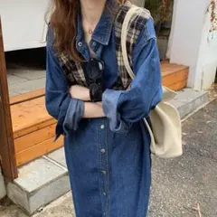 デニムワンピース レディース ミモレ丈 ロングワンピース シャツワンピ#