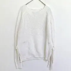 SHEIN【M】ニット ラウンドネック 無地 ホワイト サイドスリット リブ