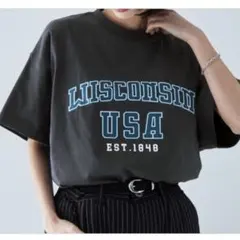 モノマート　カレッジロゴ　Tシャツ グレー　レディース　5分袖　綿　夏　秋