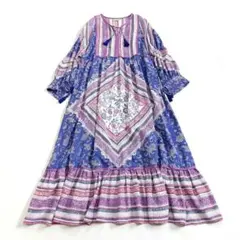 チチカカ エスニックプリント ロングワンピース パープル ゆったりサイズ