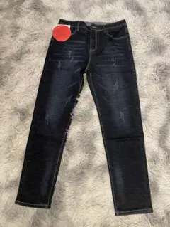 ダメージ加工ダークブルースリムフィットデニム31 藍色